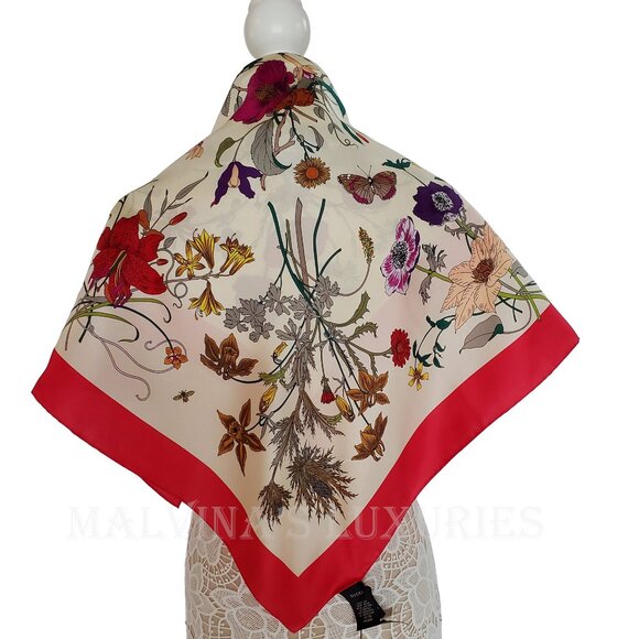 GUCCI SCARF FLORA GOTHIC PRINT IVORY SILK RASPBERRY BORDER SQUARE 35" - Picture 7 of 15